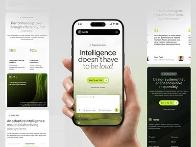 Norde: Sustainability-driven AI - Responsive Page Website ai artificial intelligence clean eco friendly green design landing page light mode minimal mobile responsive responsive layout saas startup sustainability ui ui design ux web design website design