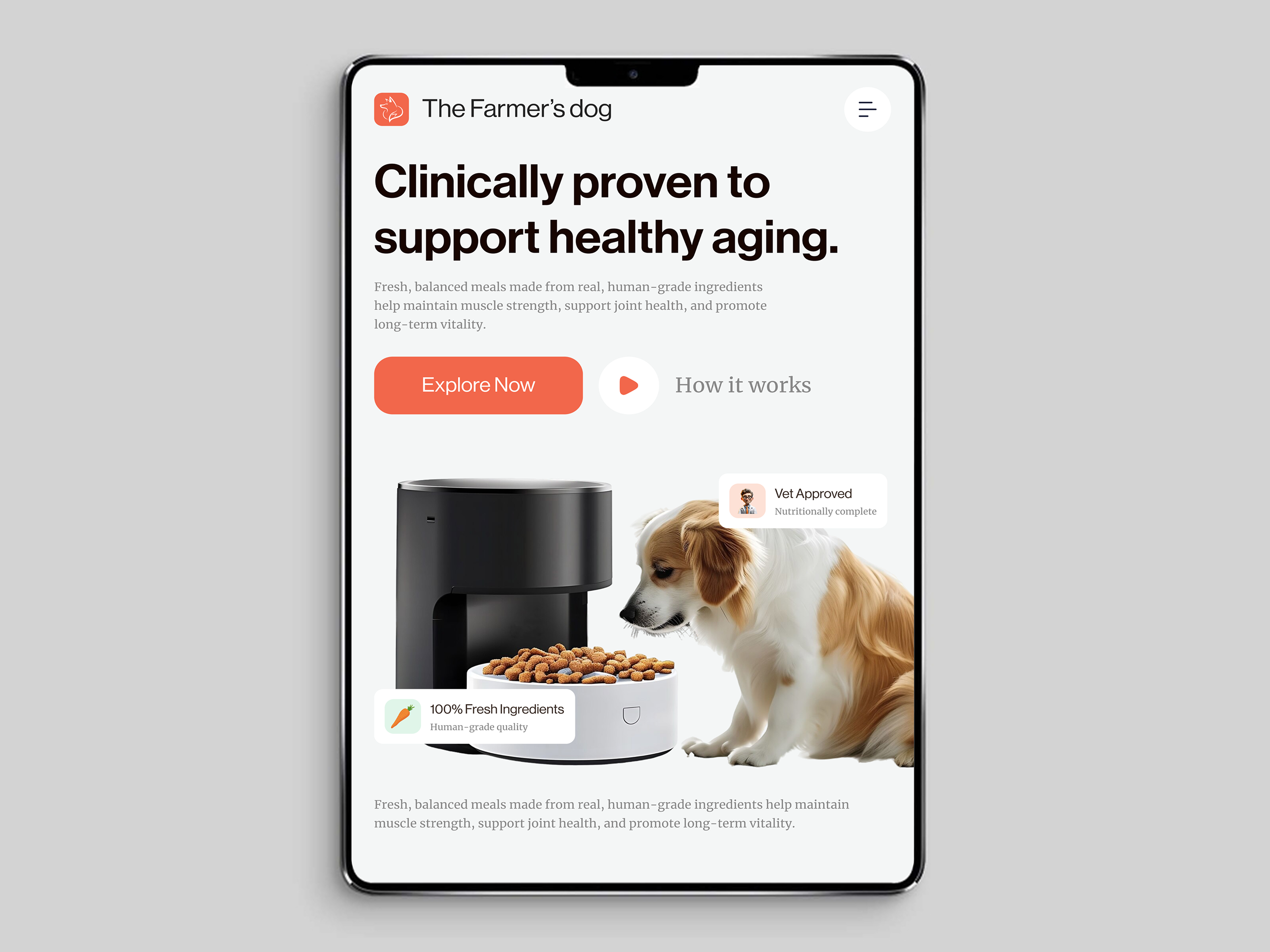 Pet Care Landing Page UI – Smart Dog Feeding Experience animal adoption animal care animal lovers app app design dog app ui ios landing page design lifestyle app design mobile app pet adoption pet adoption app pet app design pet care app pet care ui pet owner app pet scanner pet shop responsive smart pet app
