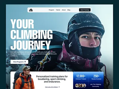A training platform built for climbers website adventure website app design climber climbers landing page climbing website event website hero section hostinger website landing page modern uiux program responsive website shihab trainner travel web design webflow design website website design wix website