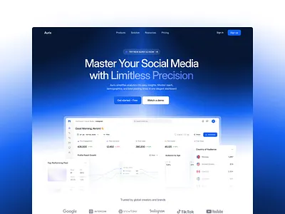 Aurix - Social Media Analytics Platform Landing Page analytics dashboard audience insights b2b saas content performance dashboard data visualization growth tracking influencer marketing landing page product design saas landing page social media analytics social media management social media saas ui design ux design