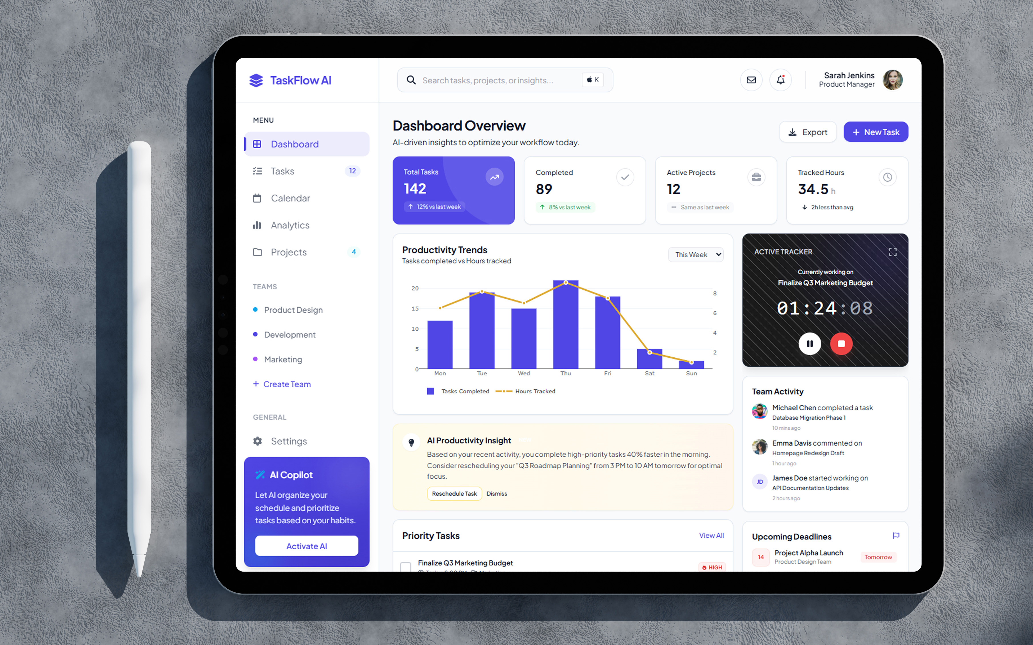 TaskFlow AI — AI-Powered Project Management Dashboard UI Concept agency ai dasboard graphic design pomodoro productivity saas taskmanagement tools ui ux