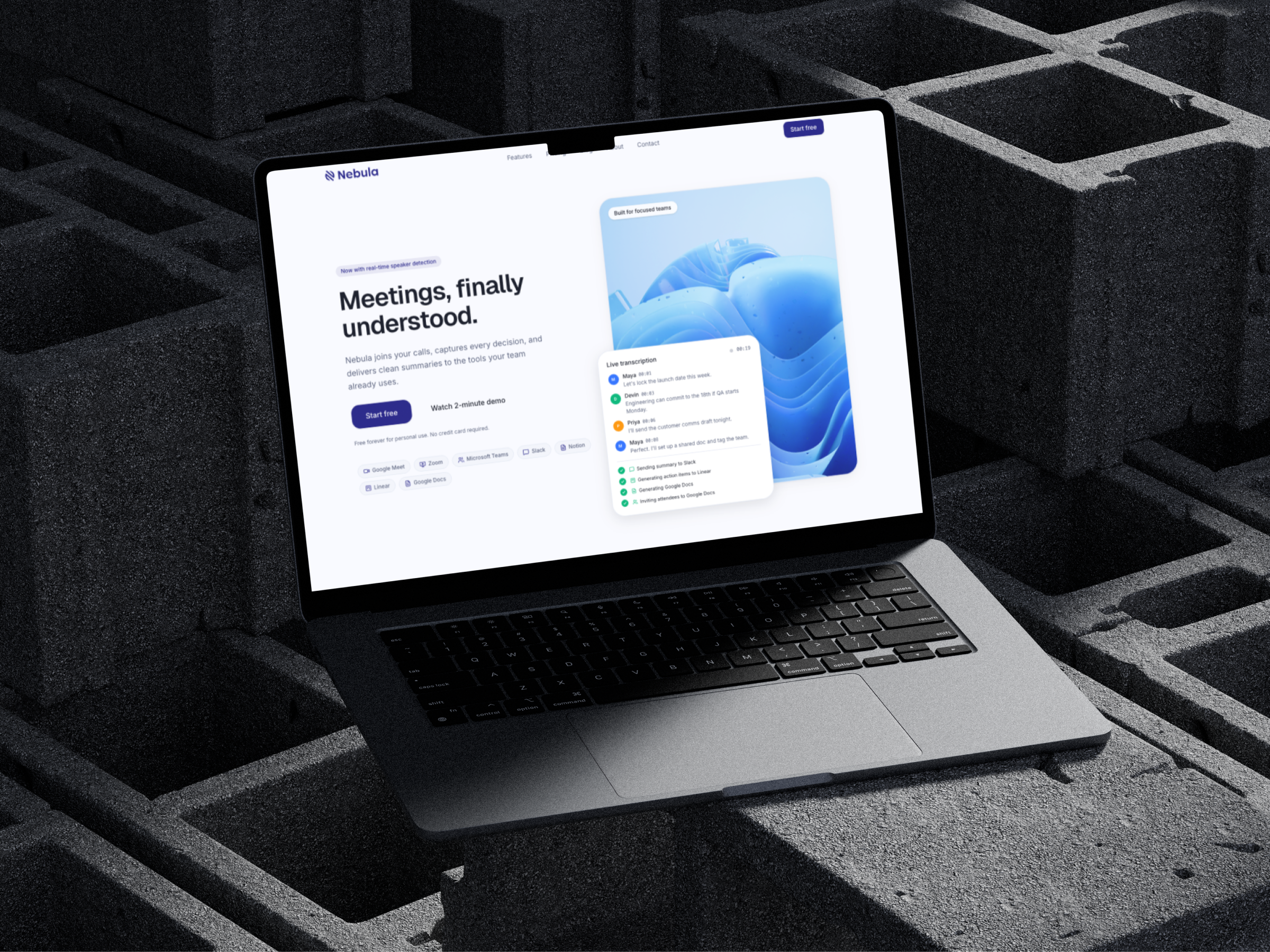 Nebula - AI Meeting Note Taker Landing Page 3d graphic design landing page saas ui