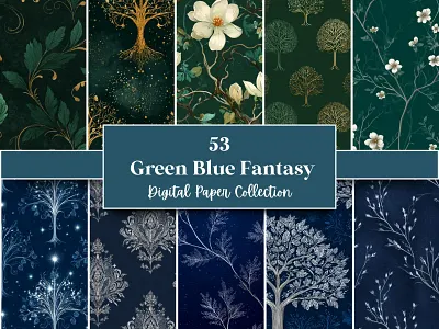 Green Blue Fantasy Digital Paper background wallpaper blue background botanical digital paper commercial use elven designs enchanted forest fairy tale theme fantasy pattern green background printable background scrapbook paper scrapbooking paper seamless pattern