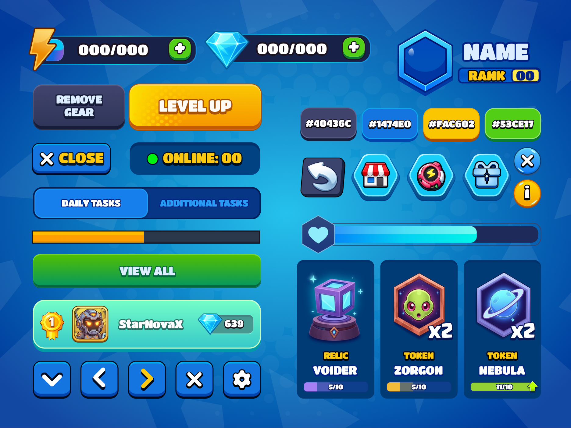 Casual Game UI Kit | Void Conqueror 2d game casual game cosmic dashboard galaxy game dashboard game design game ui hud idle game interface leaderboard mobile game player profile rewards sci fi space tasks ui design ux