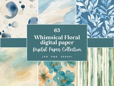 Whimsical floral, Seamless Digital Paper blue flowers paper commercial use dots digital paper floral background floral patterns gold digital paper printable background scrapbook paper seamless backgrounds seamless patterns summer digital paper swirling brush strokes watercolor flower