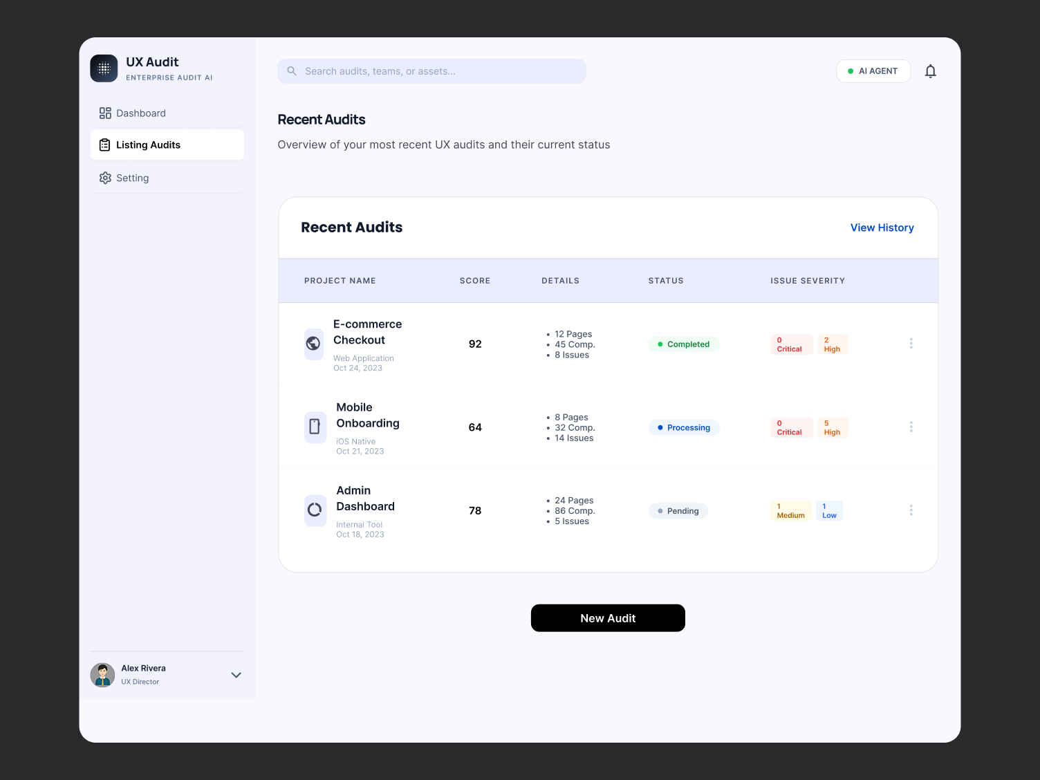 AI UX Audit — Audits Listing Dashboard
