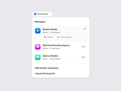 Workspace Switcher UI account switcher clean ui dashboard dropdown minimal saas ui design ux design workspace switcher