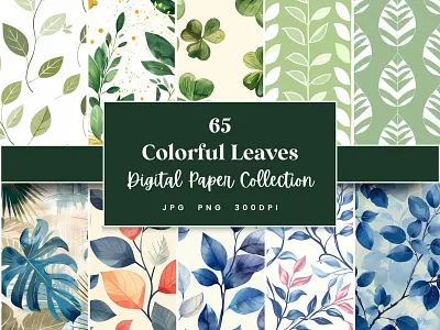 Colorful Leaves Seamless Digital Paper colorful leaves commercial use digital paper eucalyptus leaves green leaves greenery pattern leaf pattern leaves digital paper printable background sage digital paper scrapbook paper seamless leaves watercolor leaves