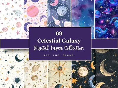 Celestial Galaxy Seamless Digital Paper astronomy paper celestial paper commercial use digital paper galaxy digital paper moon digital paper night stars paper outer space paper planets paper printable background scrapbook paper stars digital paper sun digital paper
