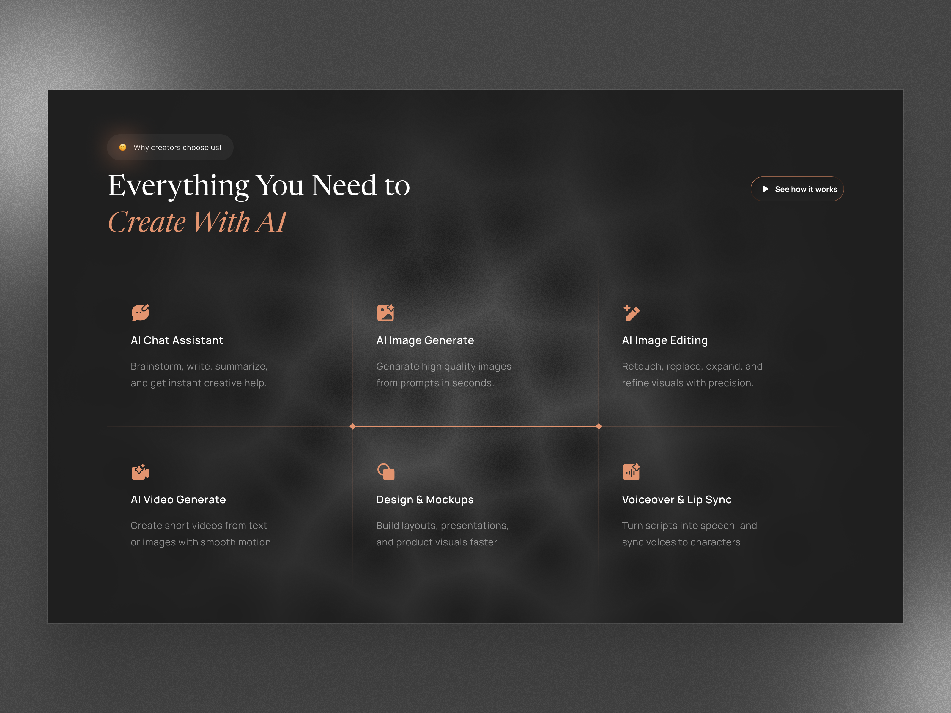 AI Platform Features Grid - Dark UI ai tools ai website b2b saas dark ui features section grid design grid layout minimalist ui software interface startup design typography ui cards ui design user experience web web design web design web ui website website design