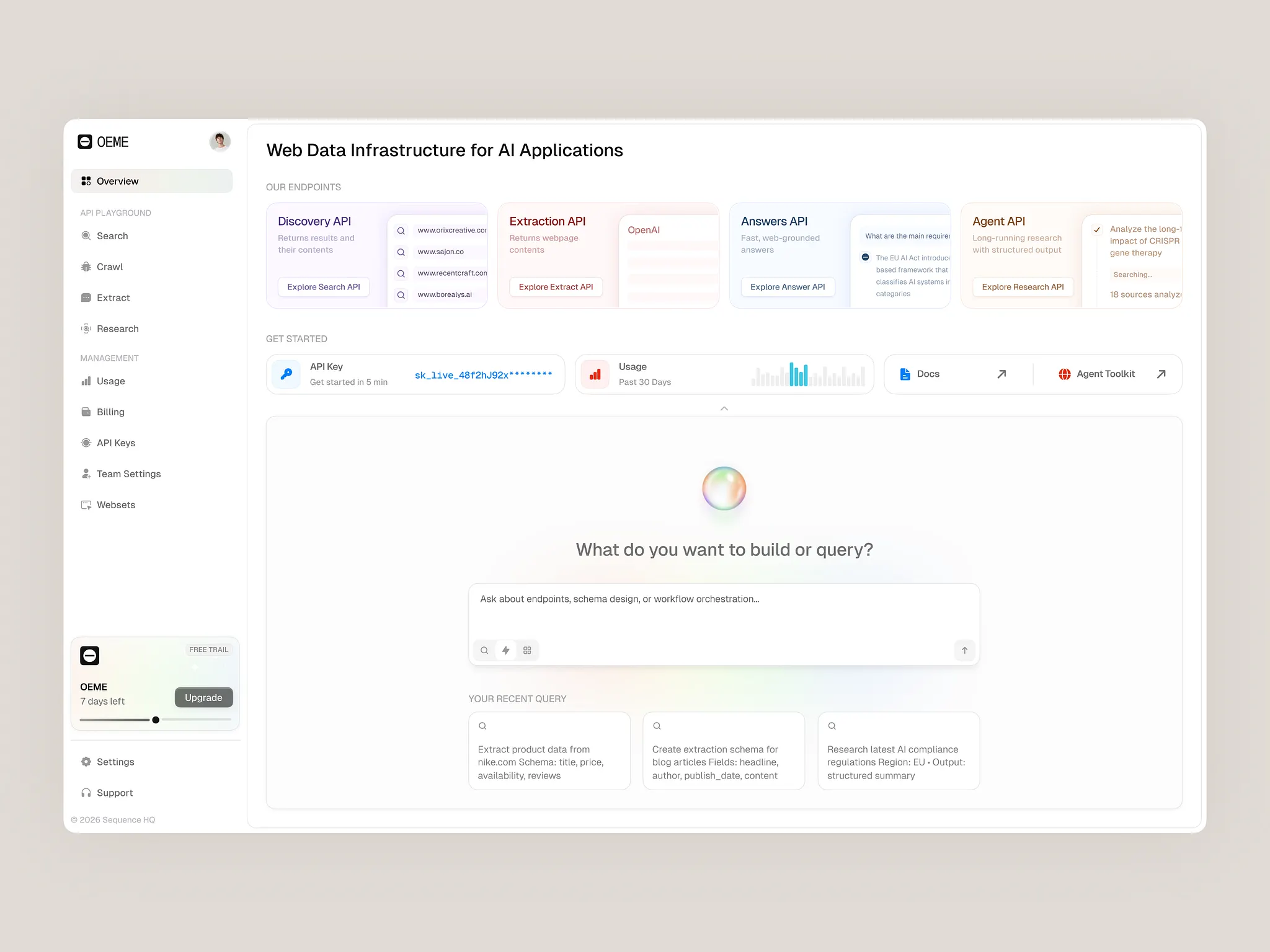 Web Data Infrastructure Dashboard – AI SaaS API Platform UI