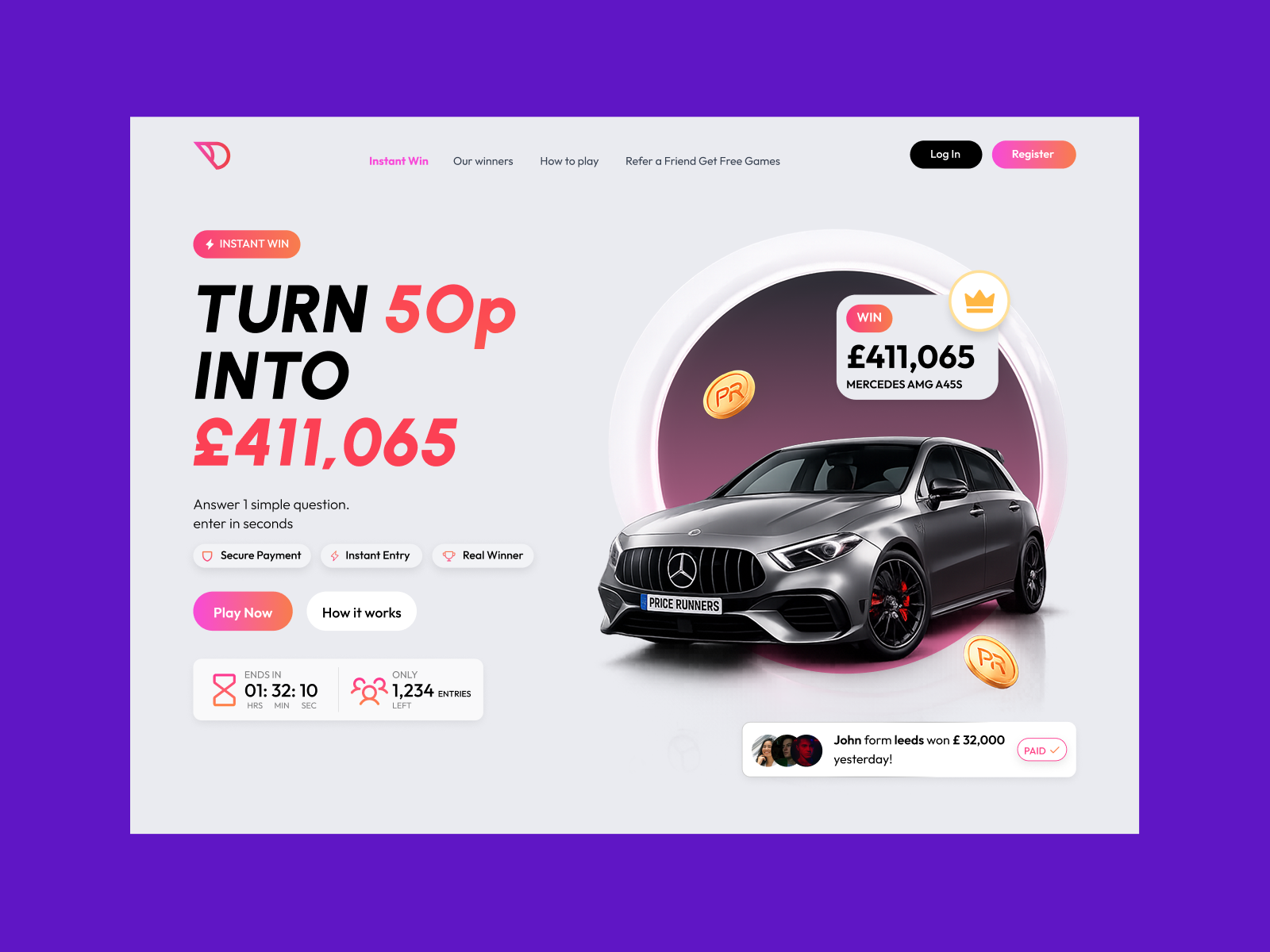 Gamified Giveaway Landing Page — Instant Win UI 3d product ui bold typography conversion design countdown timer ui cta design dark ui figma design gamification gamified gamified ux giveaway ui hero section landing page marketing page product launch reward system saas marketing web ui design