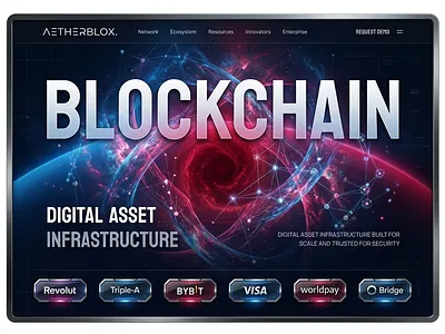Aetherblox Enterprise Blockchain & Digital Asset Infrastructure aetherblox blockchain ui crypto branding cyberpunk web design dark mode design defi interface digital asset infrastructure digital finance enterprise crypto fintech landing page futuristic ui galactic aesthetic high tech ui modern typography saas landing page skeuomorphism tech startup design visa partner ui web design inspiration web3 design