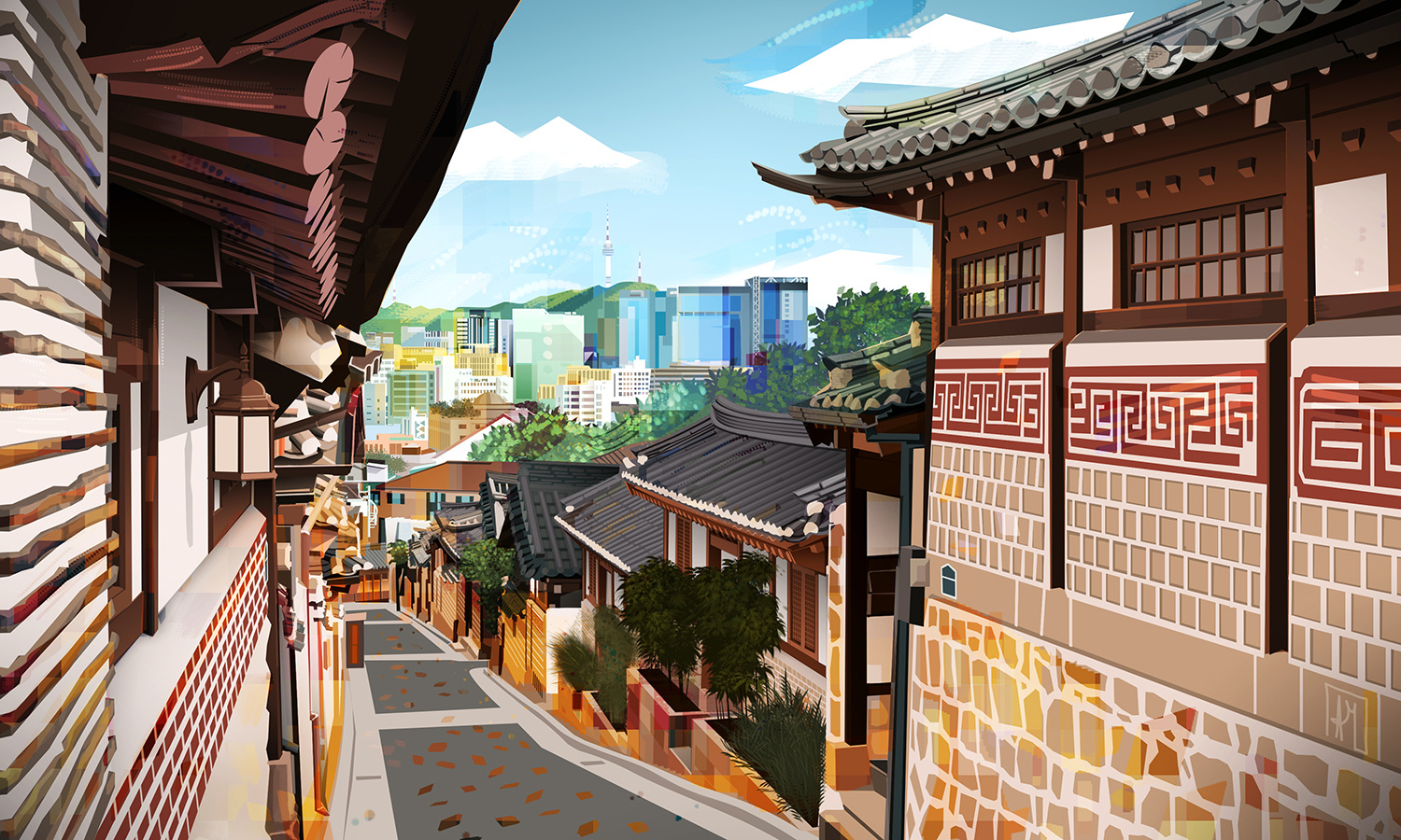 Roaming around - Bukchon Hanok Village city colors colourful digital art hanok illustration print seoul south korea street travel vector