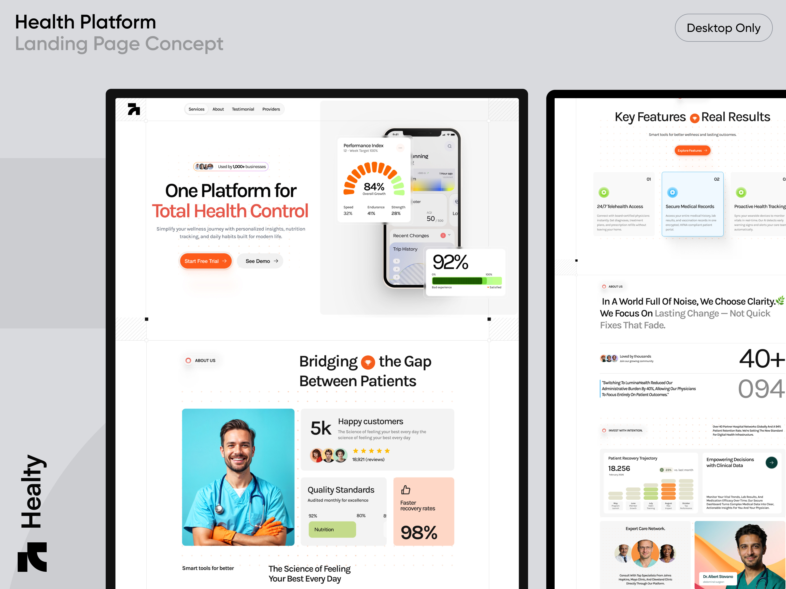 Health Platform Landing Page Concept application chart clinic dashboard elementor framer health hospital landing medical page platform report ui webflow website wellness wordpress
