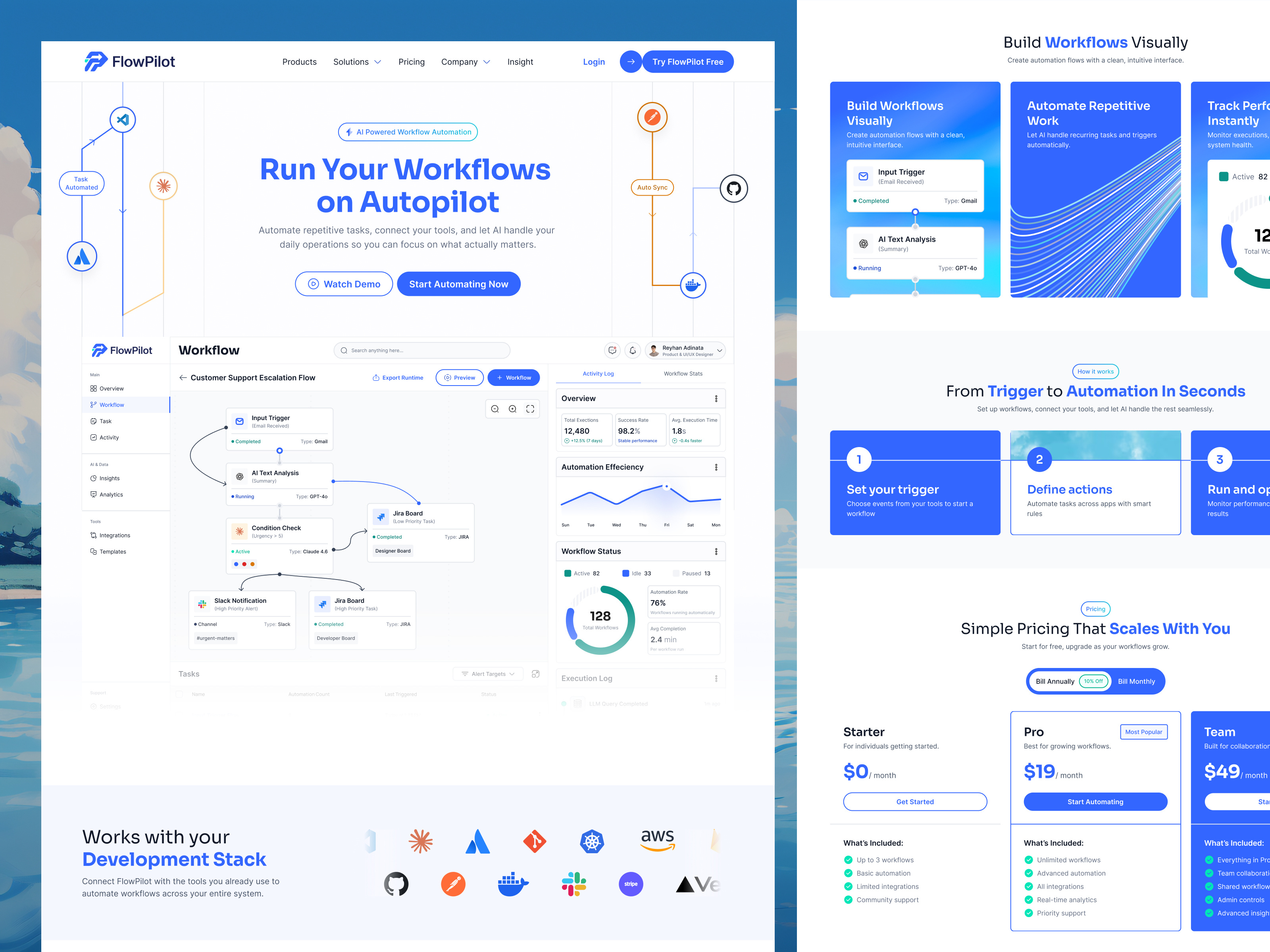 FlowPilot — AI Workflow Automation aiproduct appdesign automation branding cleanui dashboard datavisualization designsystem fintechui interface landingpage minimalui moderndesign productdesign saas ui uidesign ux webdesign workflow