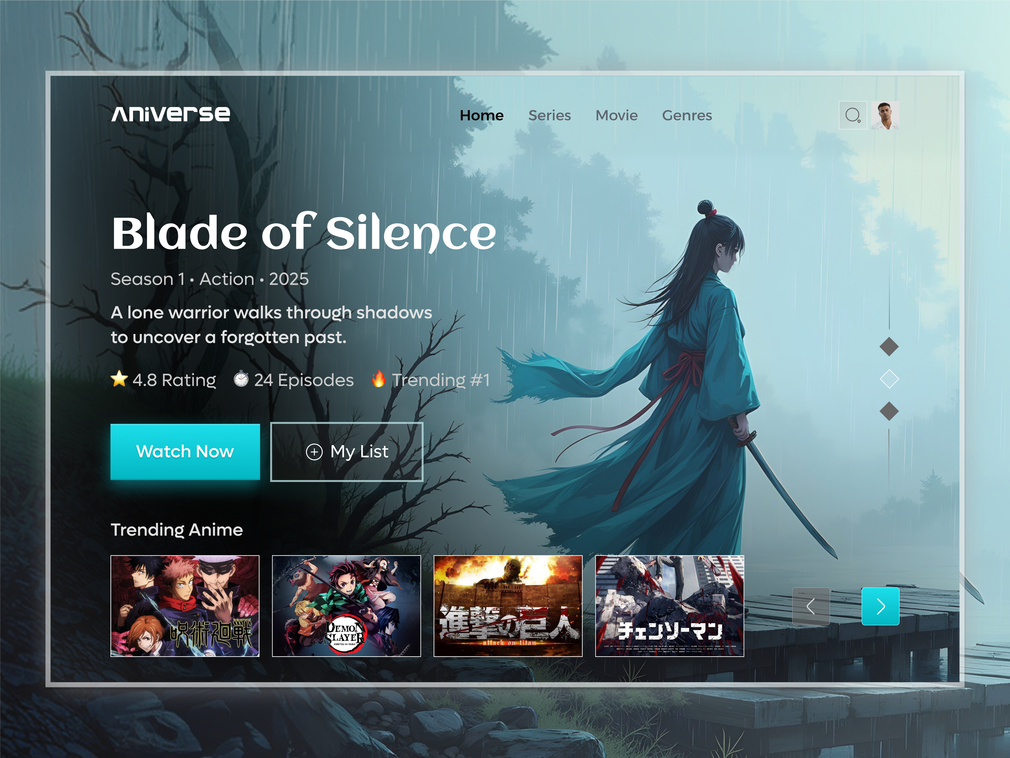 AniVerse – Anime Streaming Web App Platform UI Design anime app anime ui clean ui dark ui dashboard ui entertainment app hero section landing page media app modern ui movie app ott platform streaming app streaming ui trending design ui design ux design video streaming web app design website design