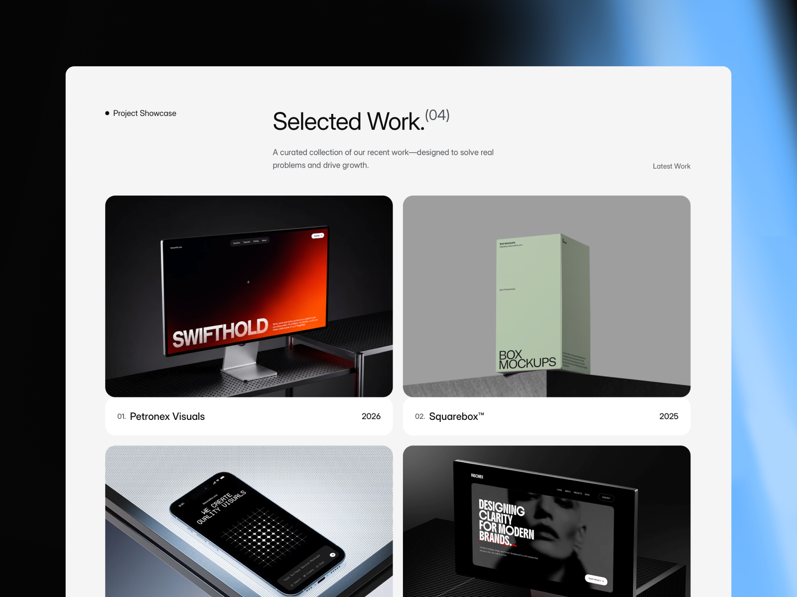 Agency Website Portfolio Section agency agencywebsite cleandesign figma framer herosection landingpage minimalui modern portfolio portfolio section productdesign project section projects startup uiux webdesign