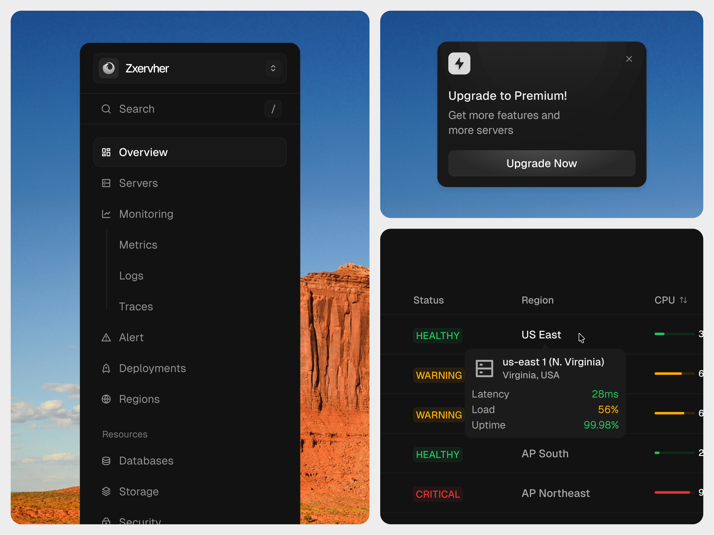 Zxervher - Server Management Dashboard bento dark dark mode dashboard saas server server management typography ui ui ux design ux visual web app