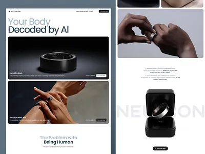 AI Smart Ring Landing Page — Health & Productivity UX/UI ai cleanui digitalproduct healthtech interface interfaceui landingpage minimalui modernui smartring techdesign ui uidesign uiuxdesign ux wearable wearabletech web desing