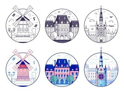 Paris Line Icons. Vol.3 flat design france french illustration landmarks line art moulin rouge paris saint chapelle site travel