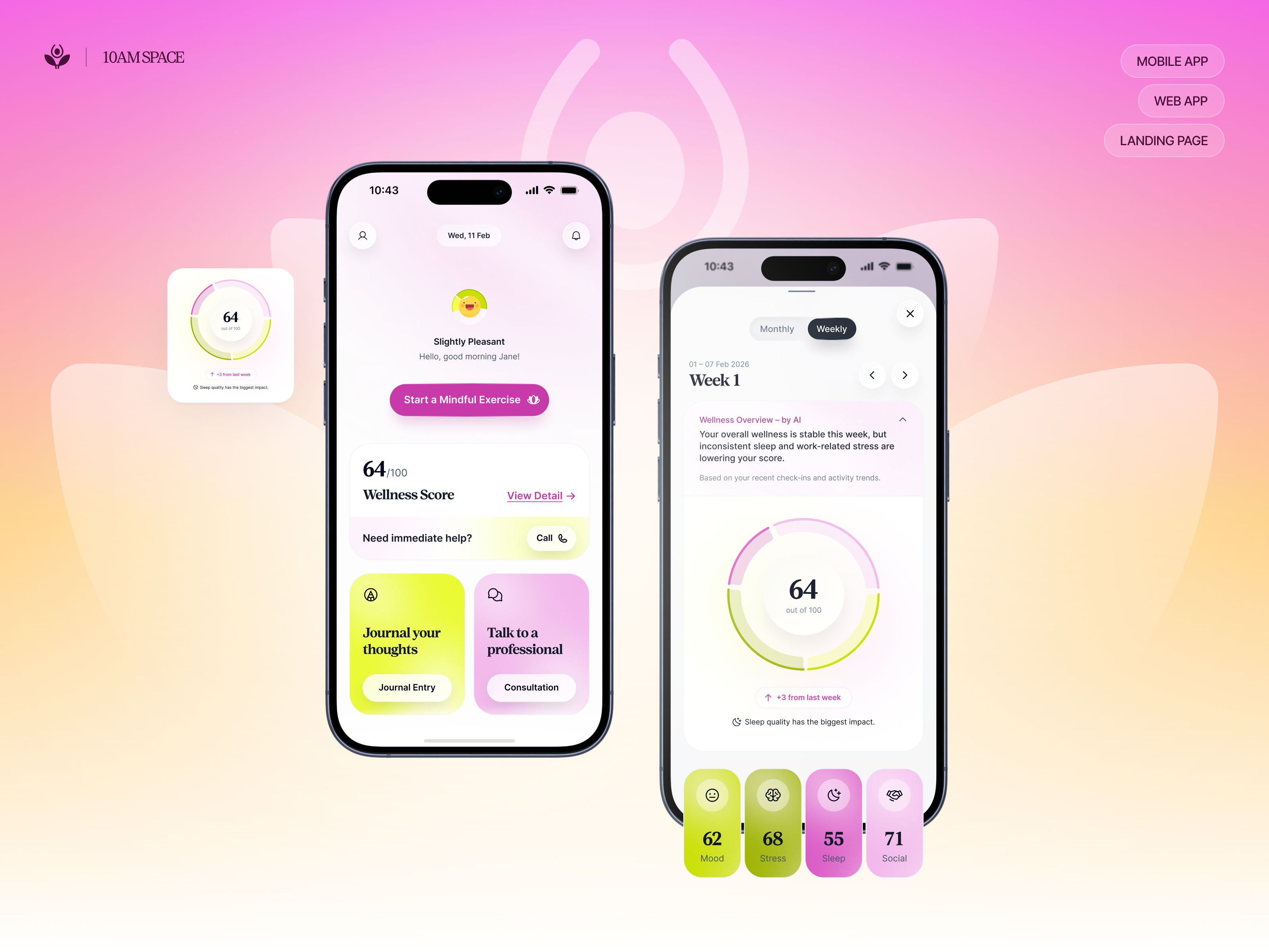 WellNest — A Thoughtful Approach to Mental Wellness 10am space 3d app design dashboard data visualization health tech healthcare interaction design mental health mobile app mobile ui onboarding product design saas ui ui design user interface ux design web app wellness