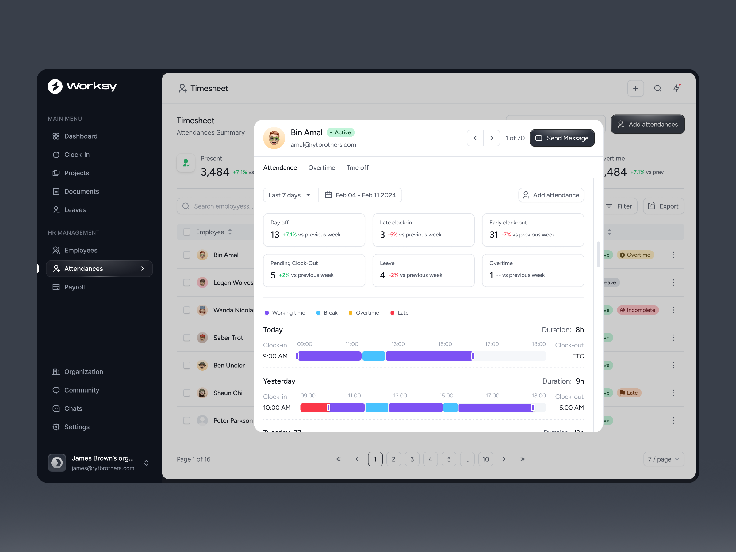 Worksy - HR Timesheet & Attendance Dashboard UI admin panel attendance software dashboard design dashboard ui data visualization design hr platform hr software hrm design management product design ryt brothers saas product tech design timesheet app ui uiux web app design work force management ycombinator