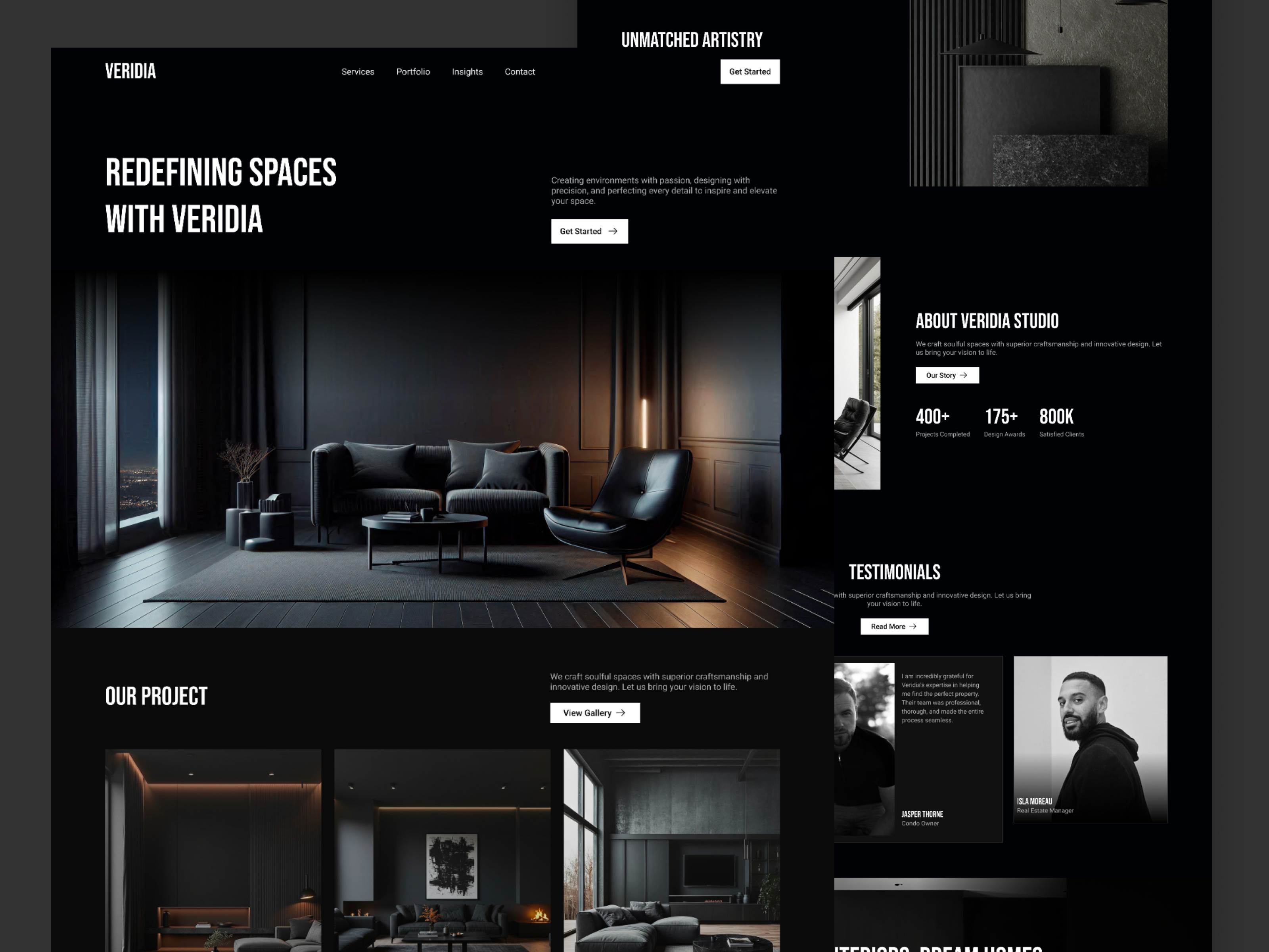 Luxury Interior Design Website – Dark UI Landing Page | Veridia branding darkui figma interiordesign landingpage luxury minimal modernui portfolio ui uidesign ux uxdesign webdesign website