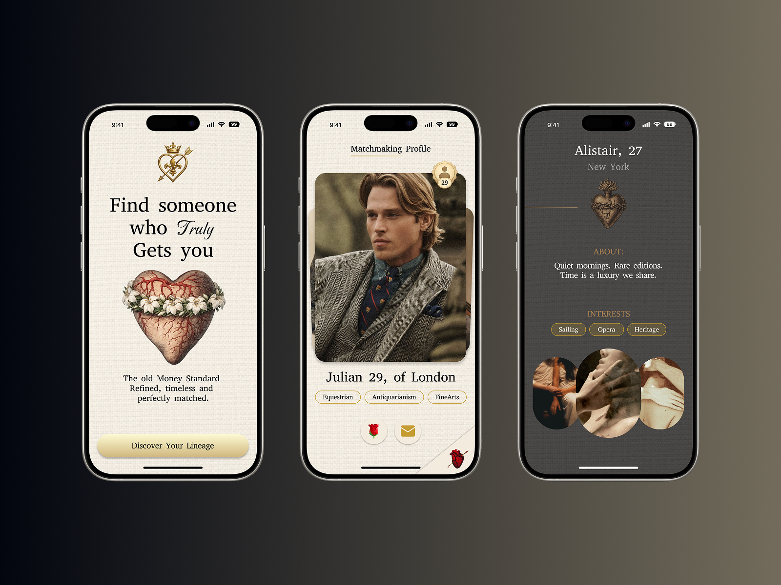 Old Money Dating App UI – Luxury Matchmaking Mobile Experience app design dating app dating app concept dating app design dating app ui editorial ui figma ios app luxury ui matchmaking app matchmaking app design messager app mobile app mobile app design social app social app design textured ui ui design ui ux ux design