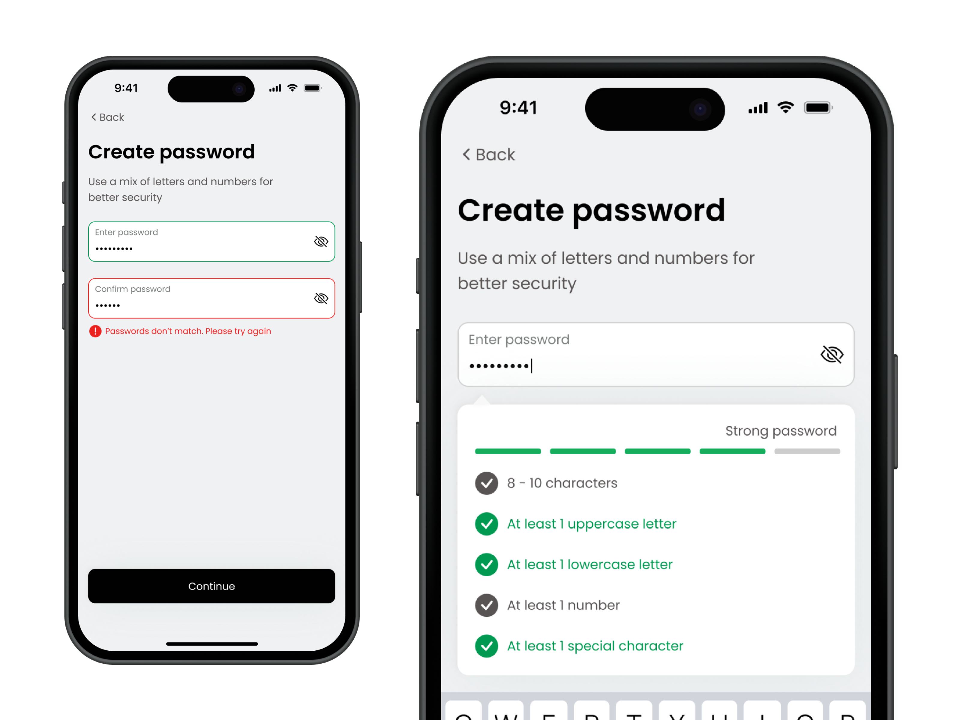 Banking App Password Flow. Real-Time Validation & Strength Meter app onboarding banking app clean ui create password error state fintech minimalist ui mobile ui onboarding onboarding flow password page password strength meter real time feedback sign up page uxui design