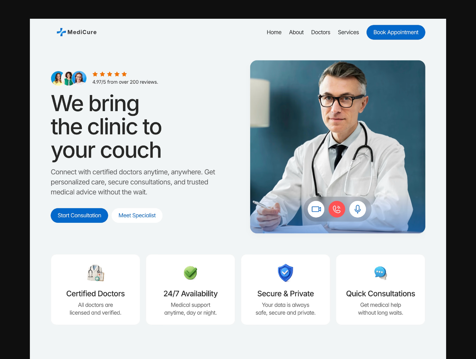 Medicure - Online Medical Consultation Framer Website ai branding doctor elder framer framer landing page framer template framer website hospital landing page medical medical service medical website online consultation online medical consultation saas services team template uiux