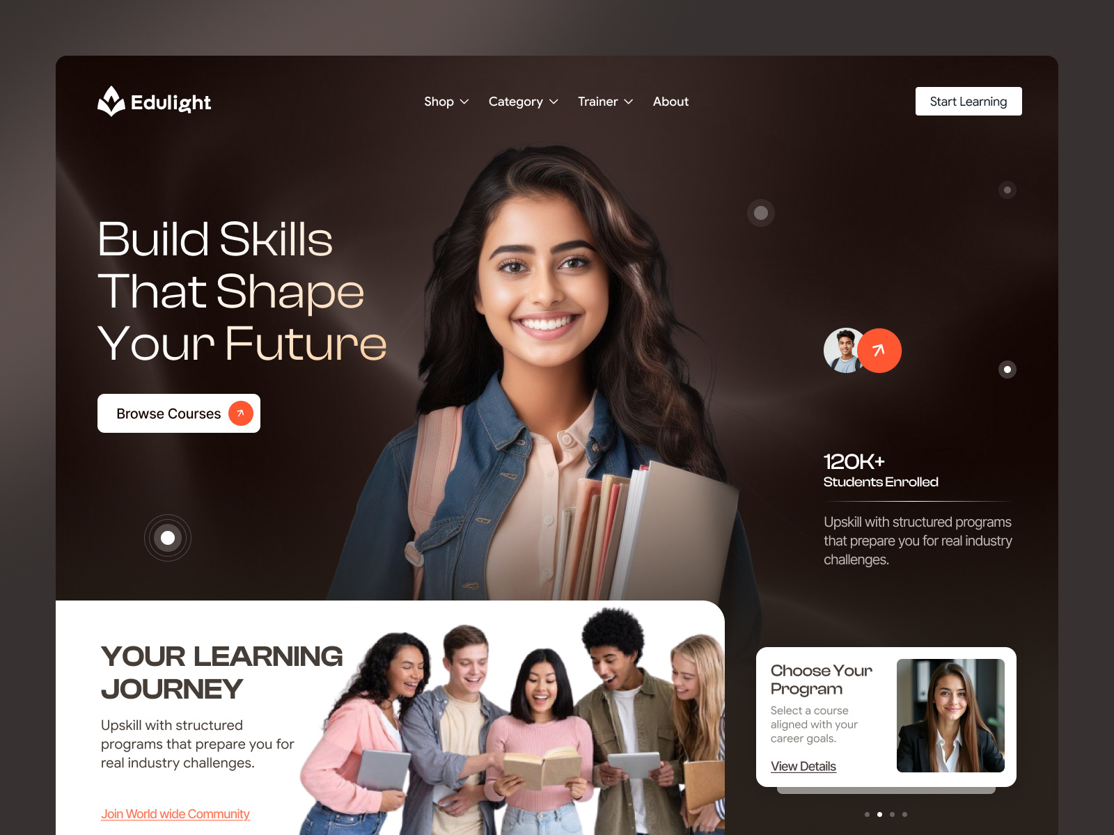 Online Educaiton learning E-platform Website UIUX app cese study design course sell website design e learning platform ecommerce wesbtie edutech framer website design hero section hero section design landing page minimal dark website mobile website modern website design online course saas shopify store techwitpro webflow design website design wix website