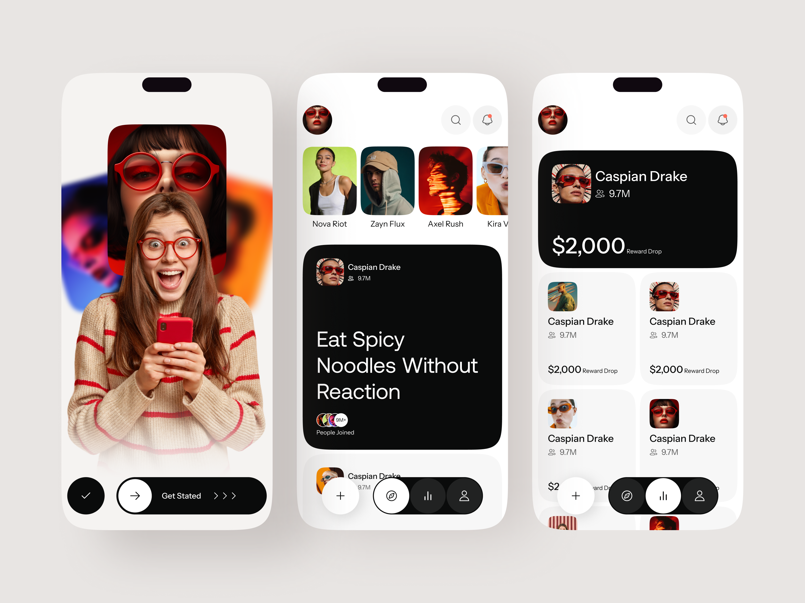 Creator Challenge App UI Design challenge app challenge system creative layout creator economy creator platform dark ui gamified experience gen z design influencer platform interactive platform social app social networking app trend driven app user engagement video challenge app viral content