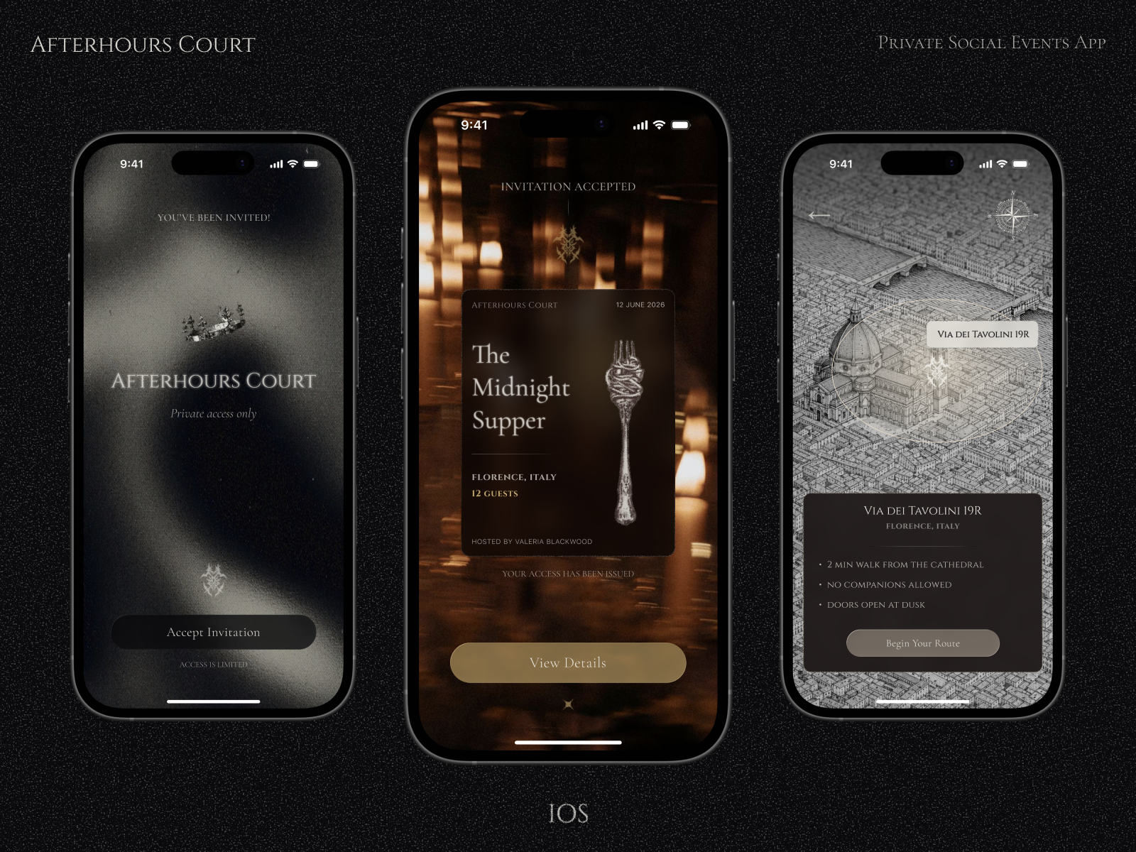 🗝️ Afterhours Court — Private Social Events App aesthetic branding concept curated dark ui editorial events exclusive gothic luxury medieval mobile app ornate private access renaissance social vintage