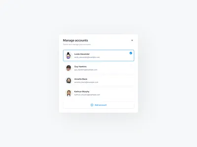 Accounts modal account card clean ui design system figma manage menu minimal minimalism modal modals pop up popover preferences product design sergushkin settings simple user interface