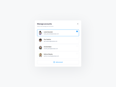 Accounts modal account card clean ui design system figma manage menu minimal minimalism modal modals pop up popover preferences product design sergushkin settings simple user interface