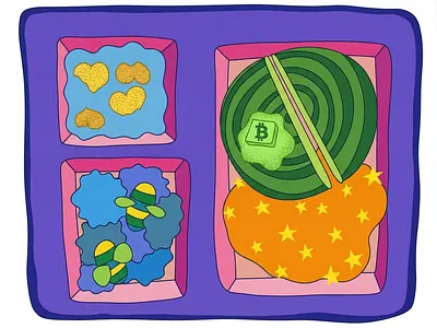 Bitcoin Withdrawal Program bitcoin cartoon charming colorful comics crypto dreamlike fever dream food tray game design graphic design graphic novel illustration nostalgia psychedelic rainbow rehab surreal trippy whimsical