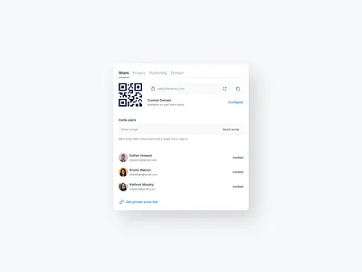 Publishing & Sharing modal 🔥 configure design system domain figma input field invite invited link modal popover popup privacy product designer publishing qr code send invite sergushkin share sharing modal user interface