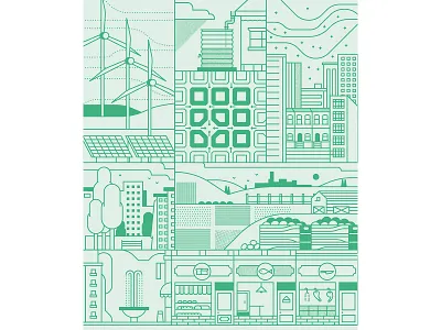 Built Environment & Public Spaces adobe cities energy flatdesign fountain green halftone illustration illustrator linework muti renewable rise shops sustainability trees vector veg wind