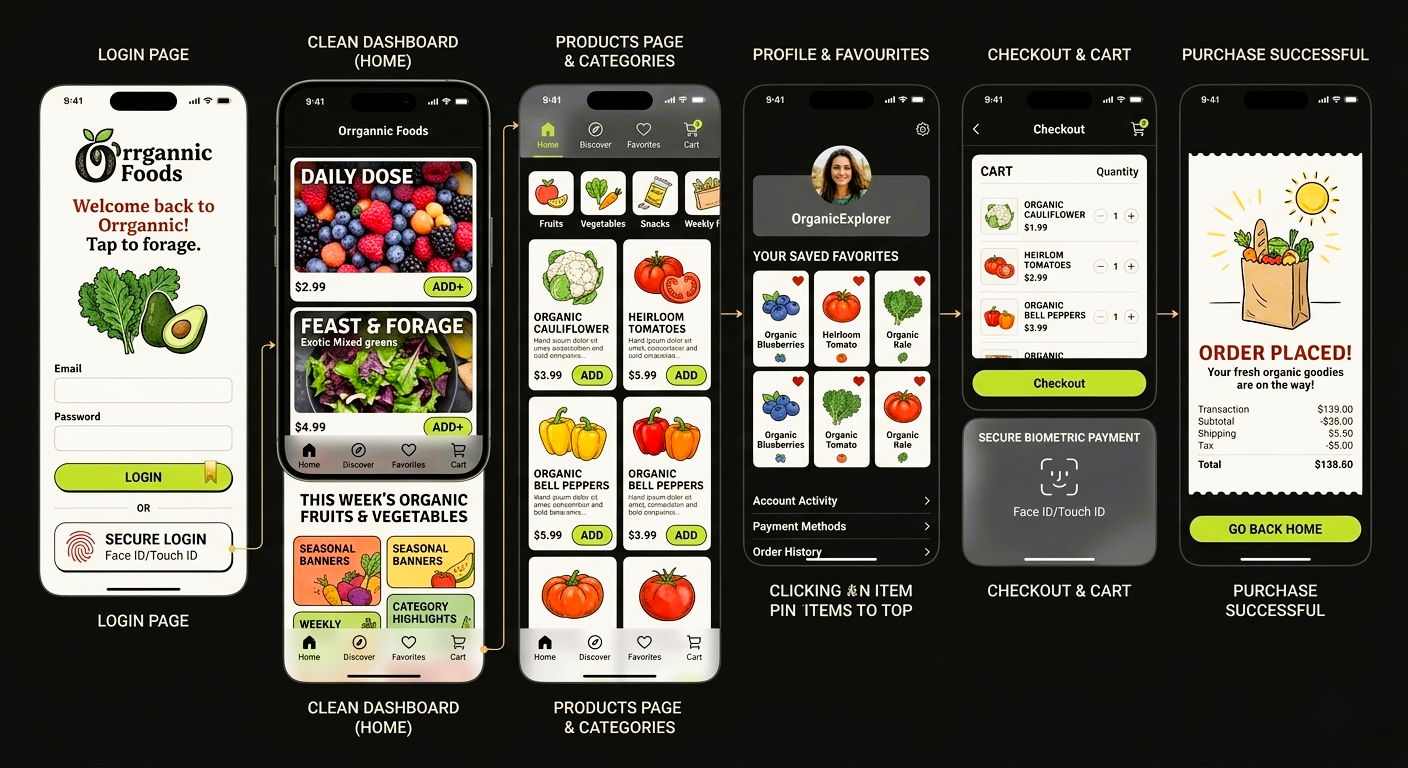 orrgannic foods mobile app ui design 3 branding design ecommerce graphic design illustration logo portfolio shopping ui