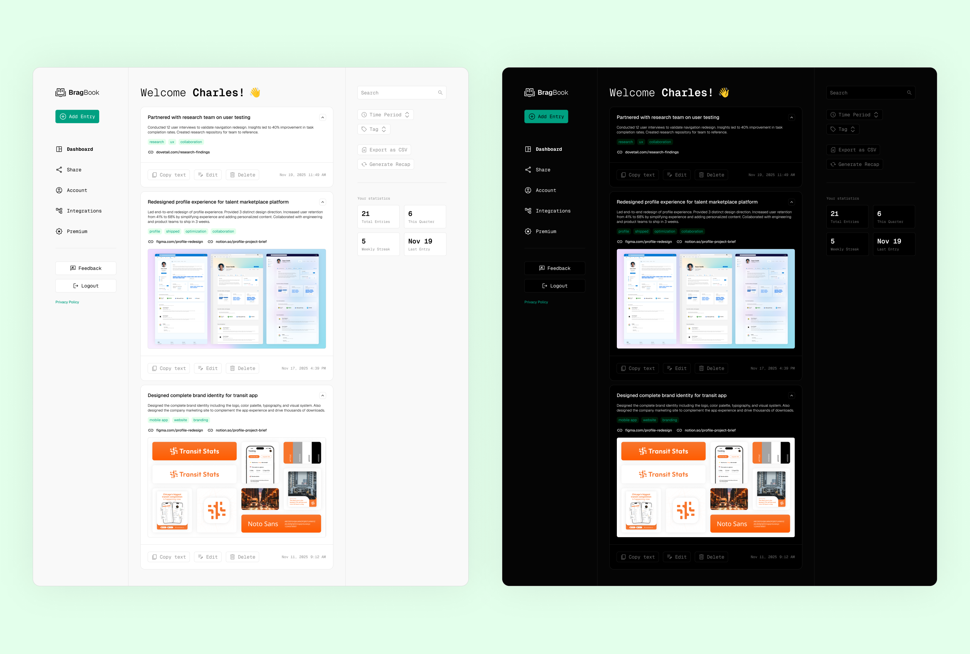 BragBook Dashboard UI dashboard home saas timeline ui ux work tool work tracking