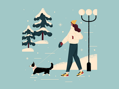 Dog character design characters concept dog editorial flat girl illustration illustrator korgi snow texture winter walk