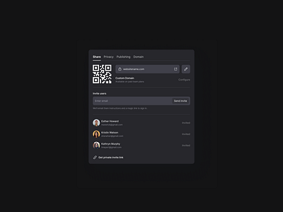 Publishing & Sharing modal | Dark mode 🌗 configure dark mode design system domain figma input field invite invited link modals popover popup privacy publishing qr code send invite share sharing modal user interface