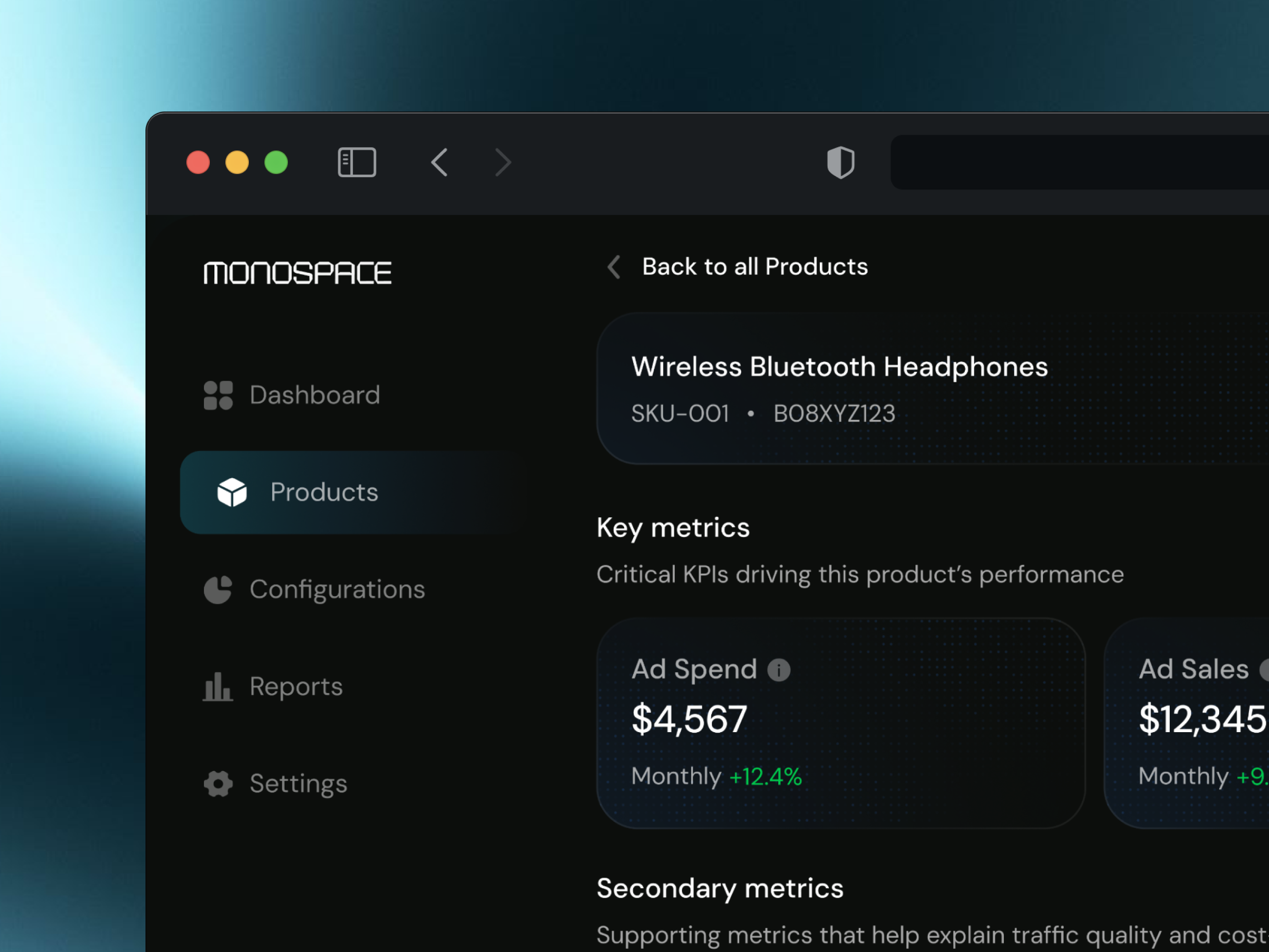 Monospace Product Analytics – Dark KPI Dashboard