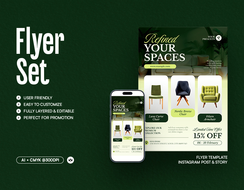 Set Furniture Flyer decoration design event flyer furniture home deco living solasome template