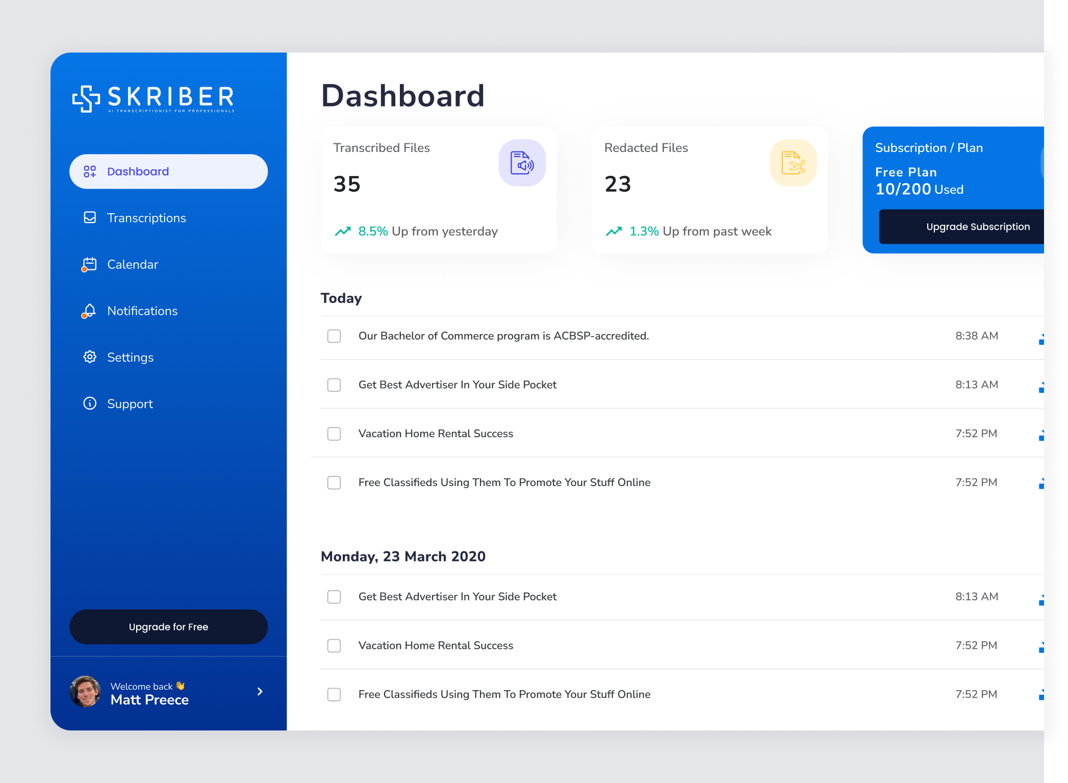 Skriber Medical Transcription - Dashboard cebu dashboard graphic design medical transcription philippines skriber ui