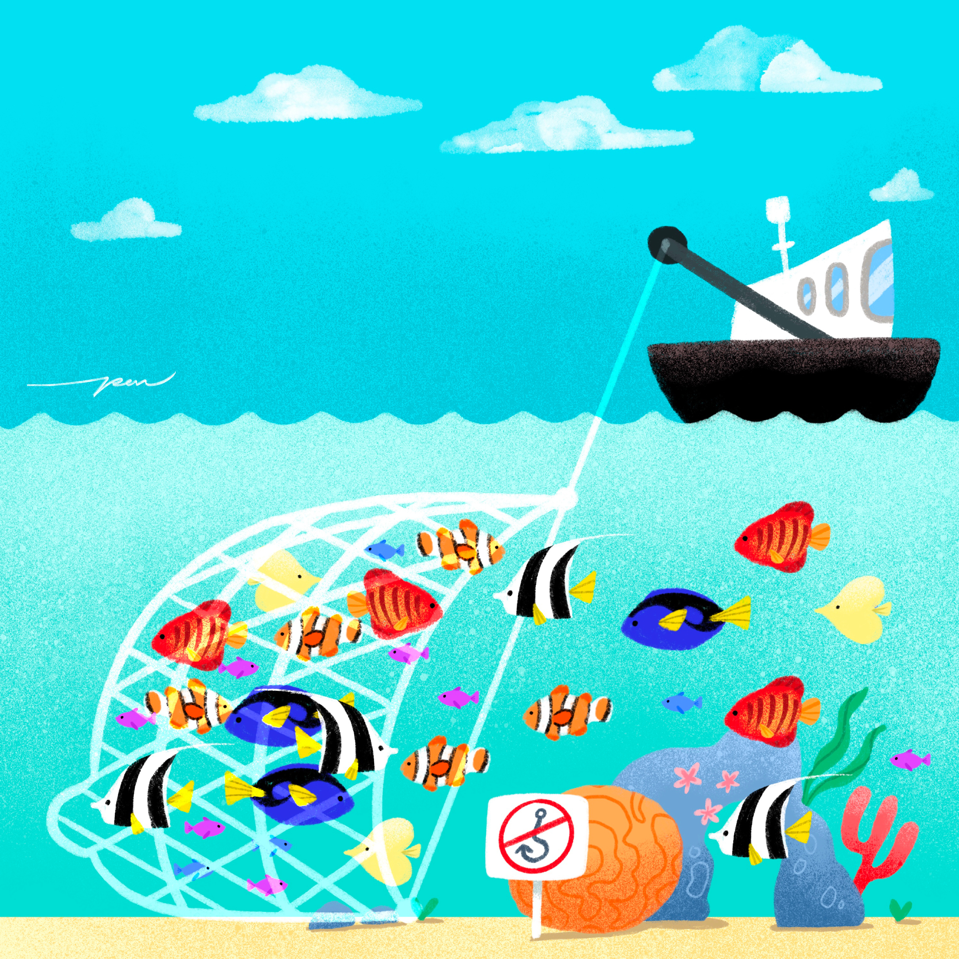 Fishing / Azul x Pon Cervantes boat cartoon character color coral cute design fish fishing illustration ocean