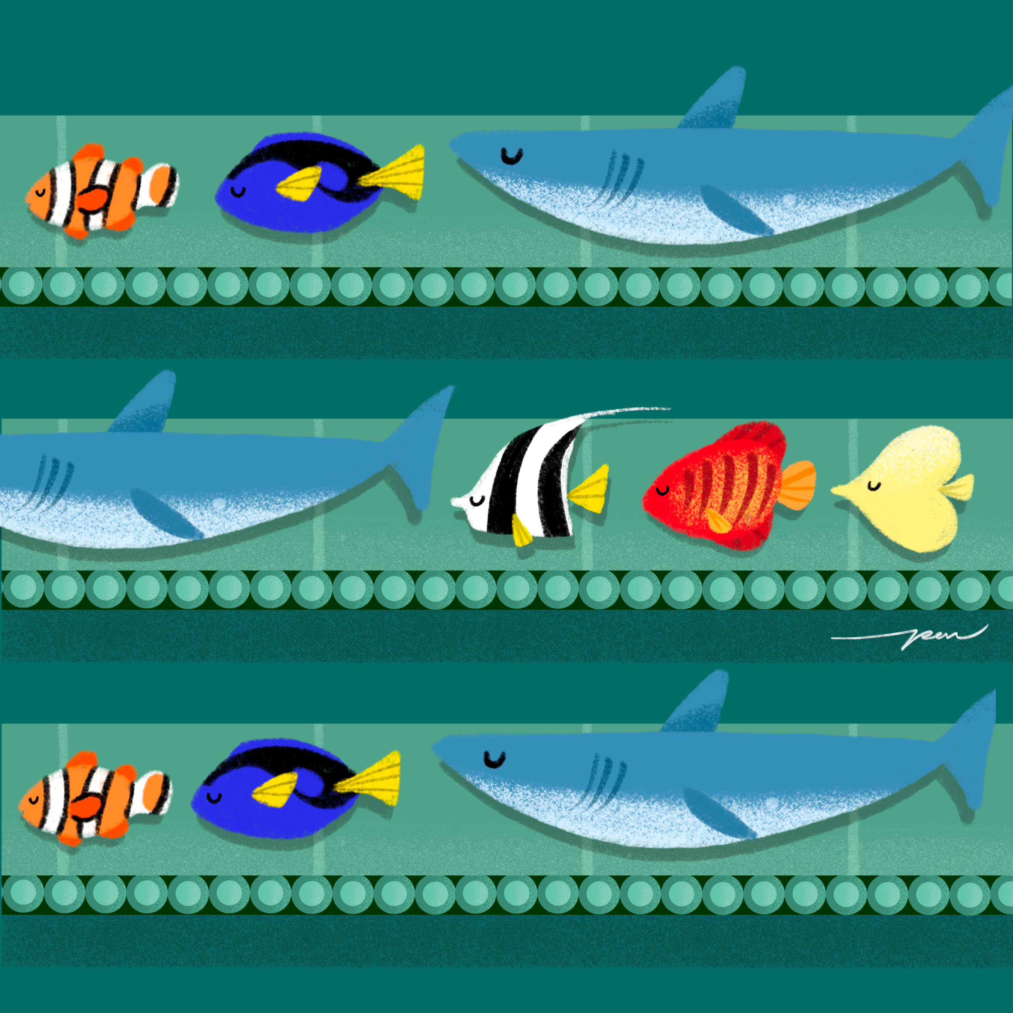 Fishing / Azul x Pon Cervantes cartoon character color cute design dory fish fishing illustration nemo shark
