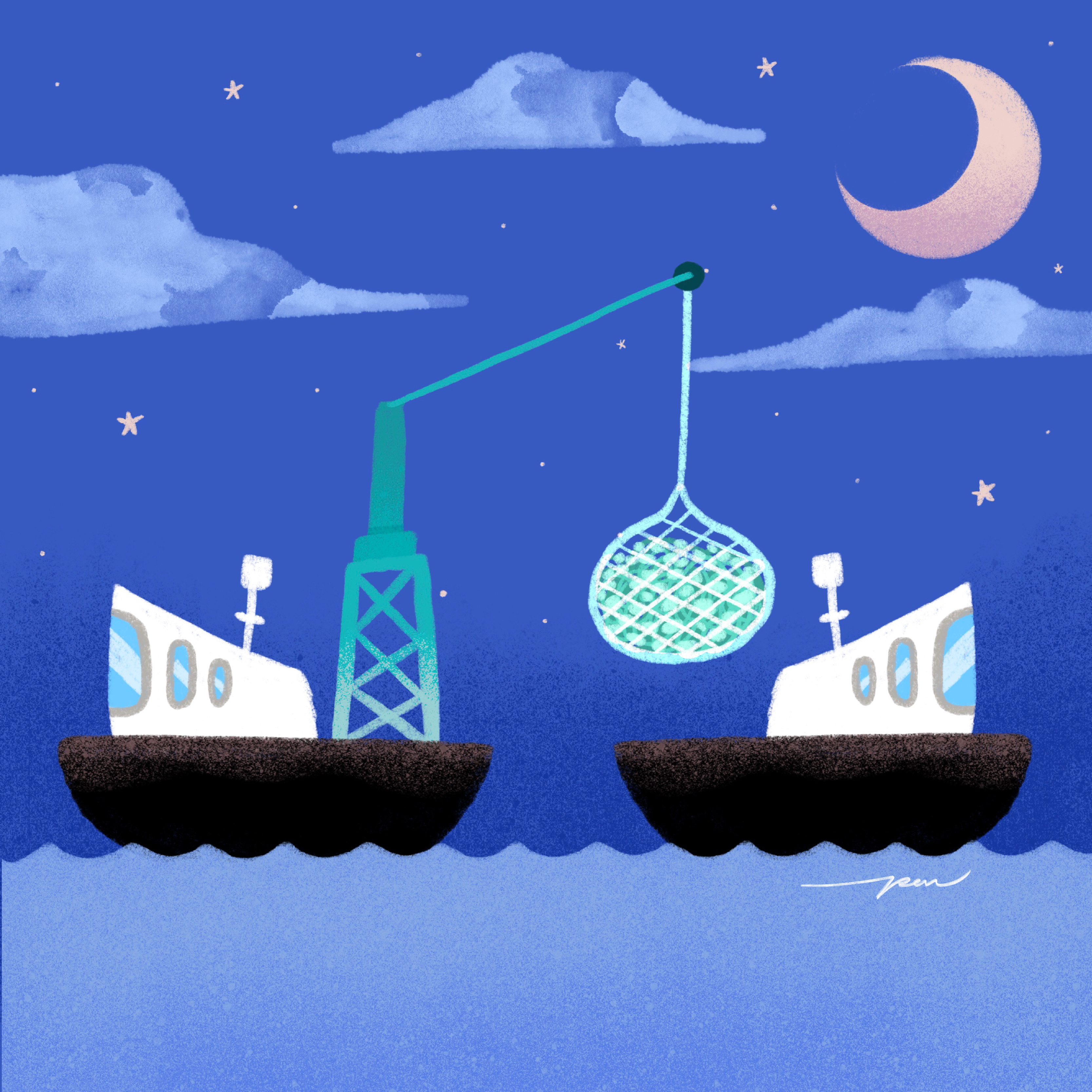 Fishing / Azul x Pon Cervantes boat cartoon character color cute design fish fishing illustration net night ocean transshipment