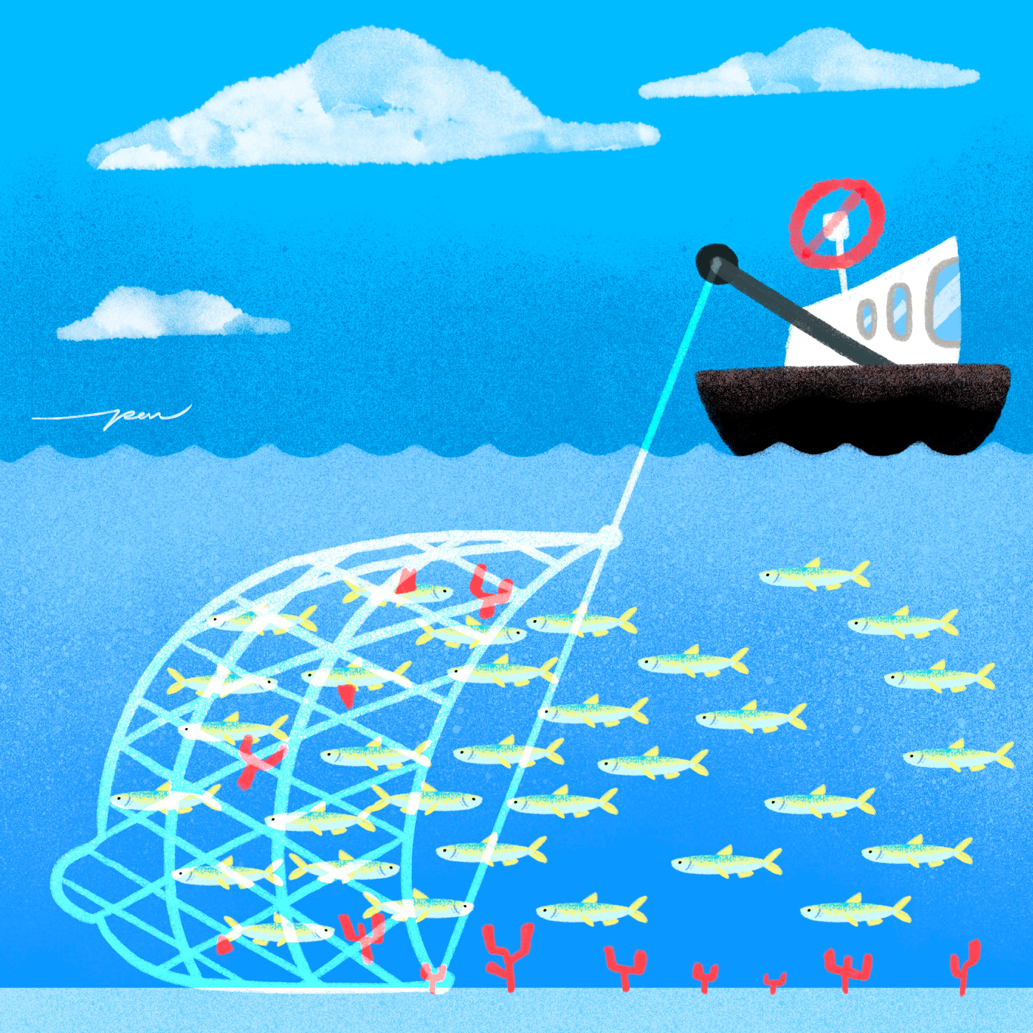 Fishing / Azul x Pon Cervantes boat cartoon character color coral cute design fish fishing illustration net ocean